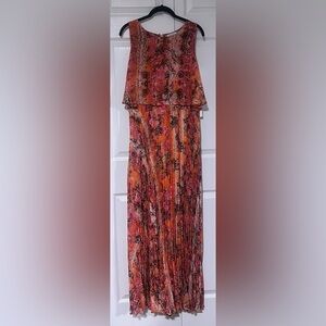 Calvin Klein Sleeveless Pleated Maxi Dress in Orange/Pink Snakeskin Pattern